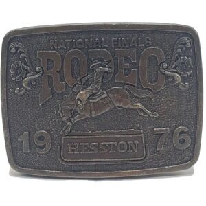 Vintage Hesston 1976 National Finals Rodeo Brass Belt Buckle Bicentennial COWBOY